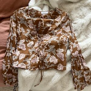 Flynn Skye Brown and White Ruffled Crop Blouse